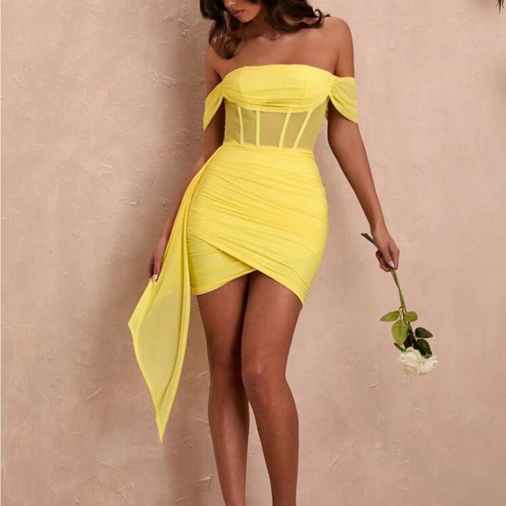 SHEIN Yellow Asymmetrical Bustier Cocktail Dress